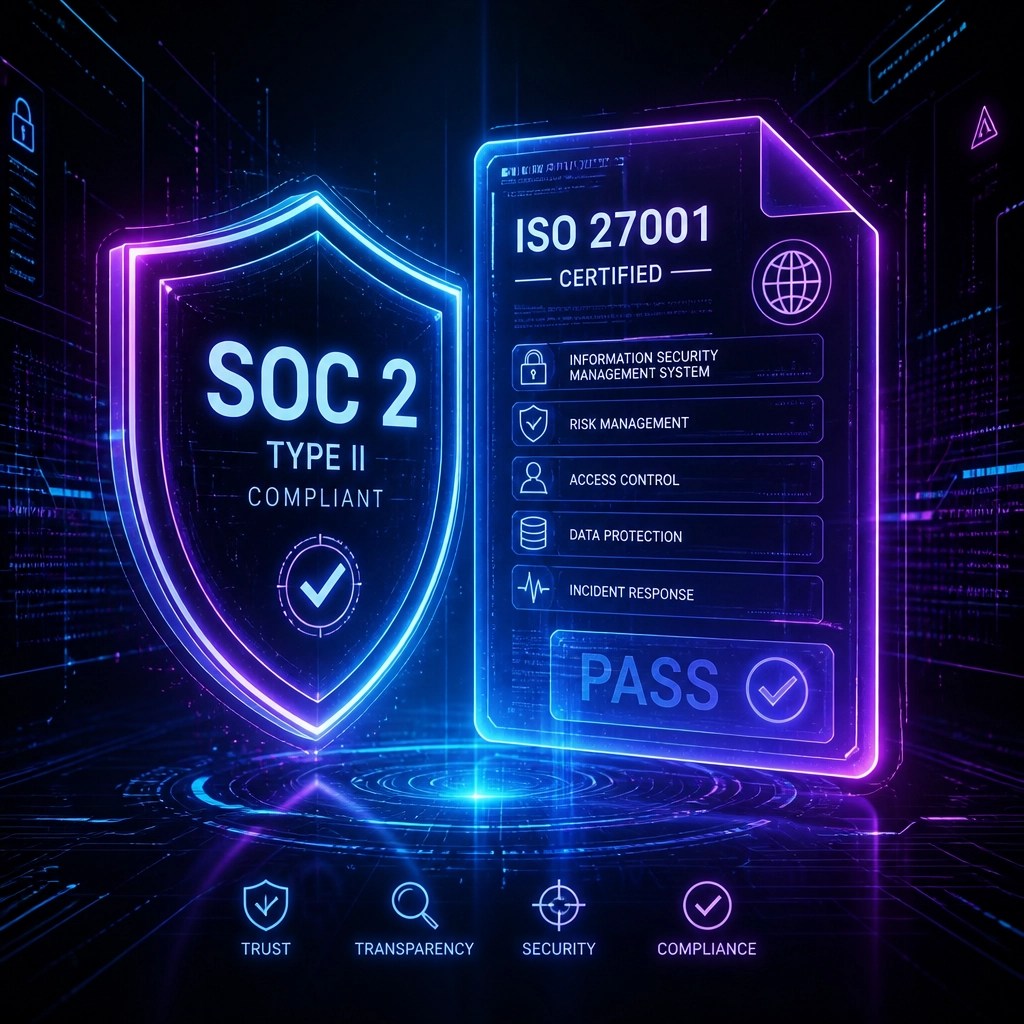 Neonpunk compliance shield and digital document representing audit success