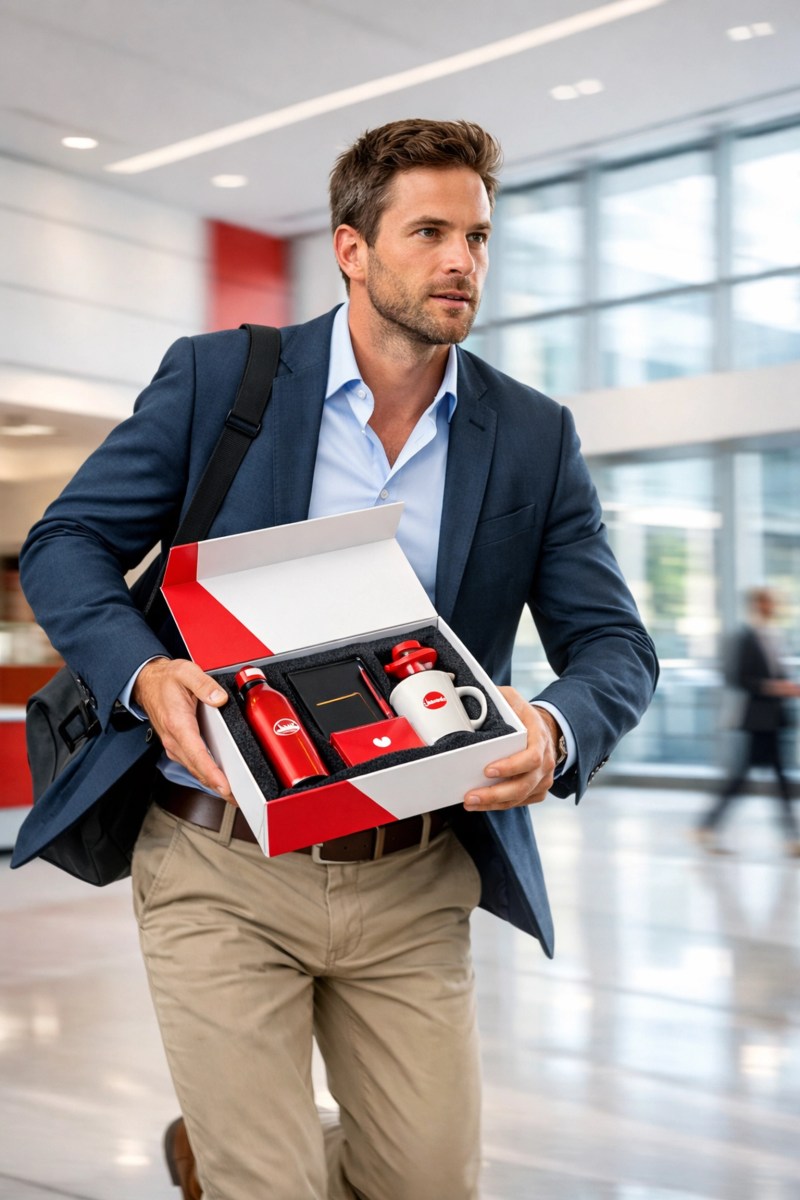 Business professional carrying USA-made promotional products for fast corporate delivery