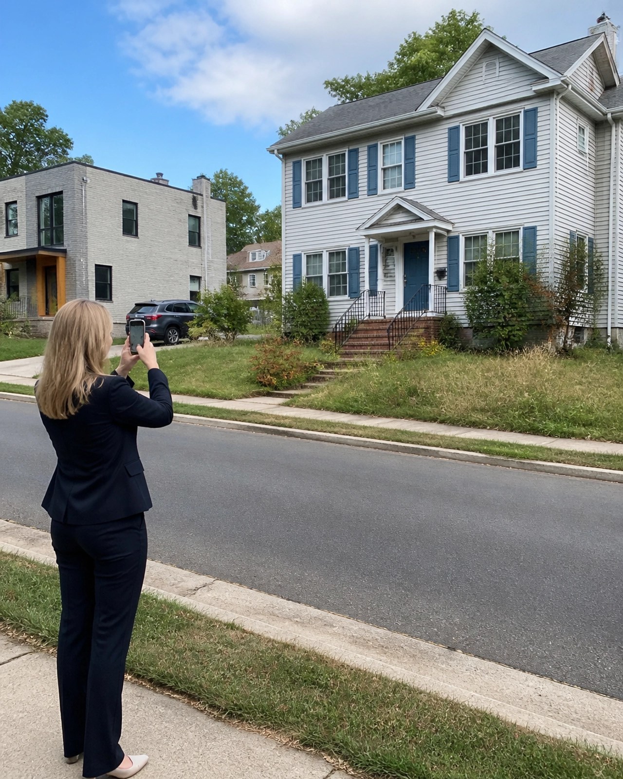 A professional person taking a photo of a suburban house for research