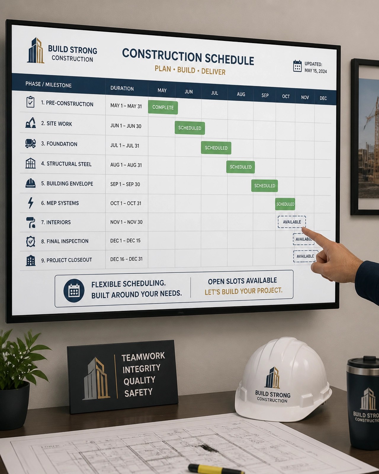 An organized construction schedule showing clear milestones and availability