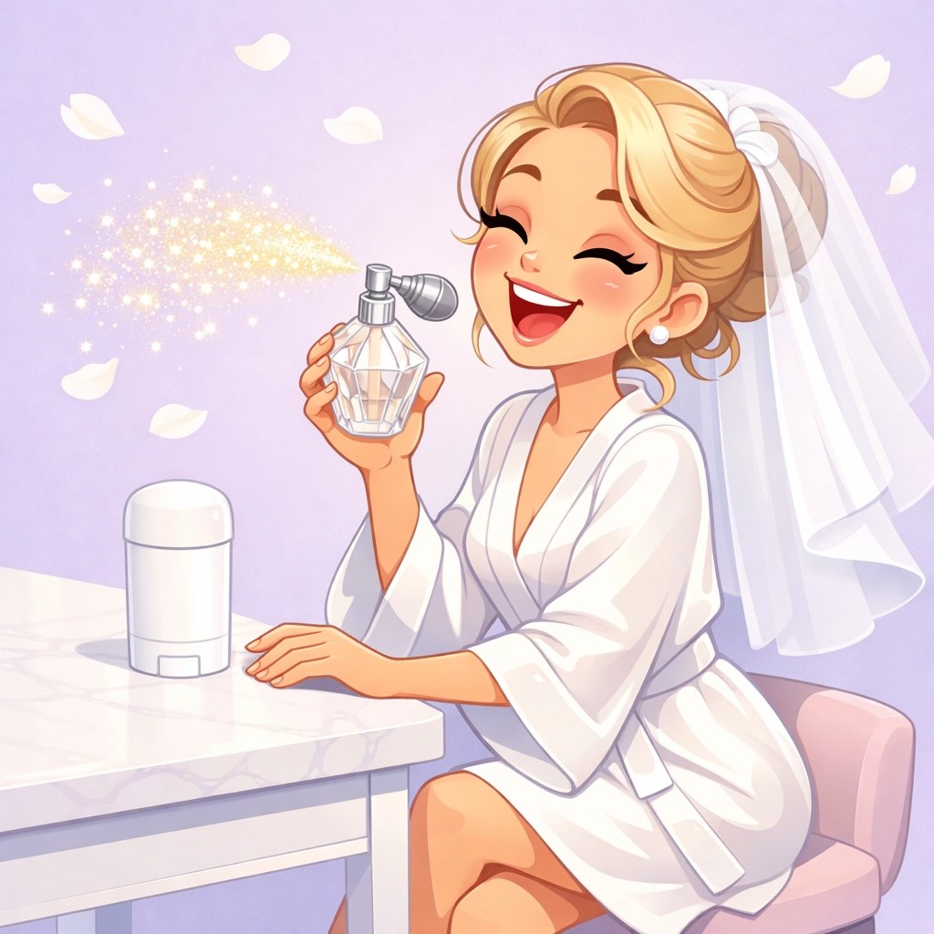 A happy bride using unscented natural deodorant to stay fresh without clashing with her wedding perfume.