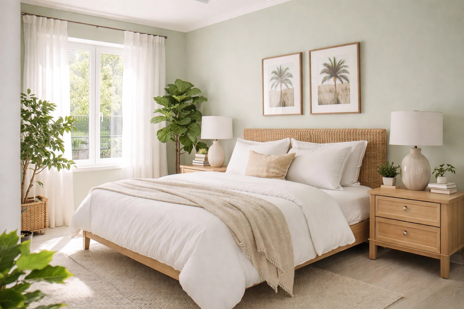 Serene Florida bedroom with soft sage green walls, natural wood accents, and morning sunlight, highlighting nature-inspired paint trends.