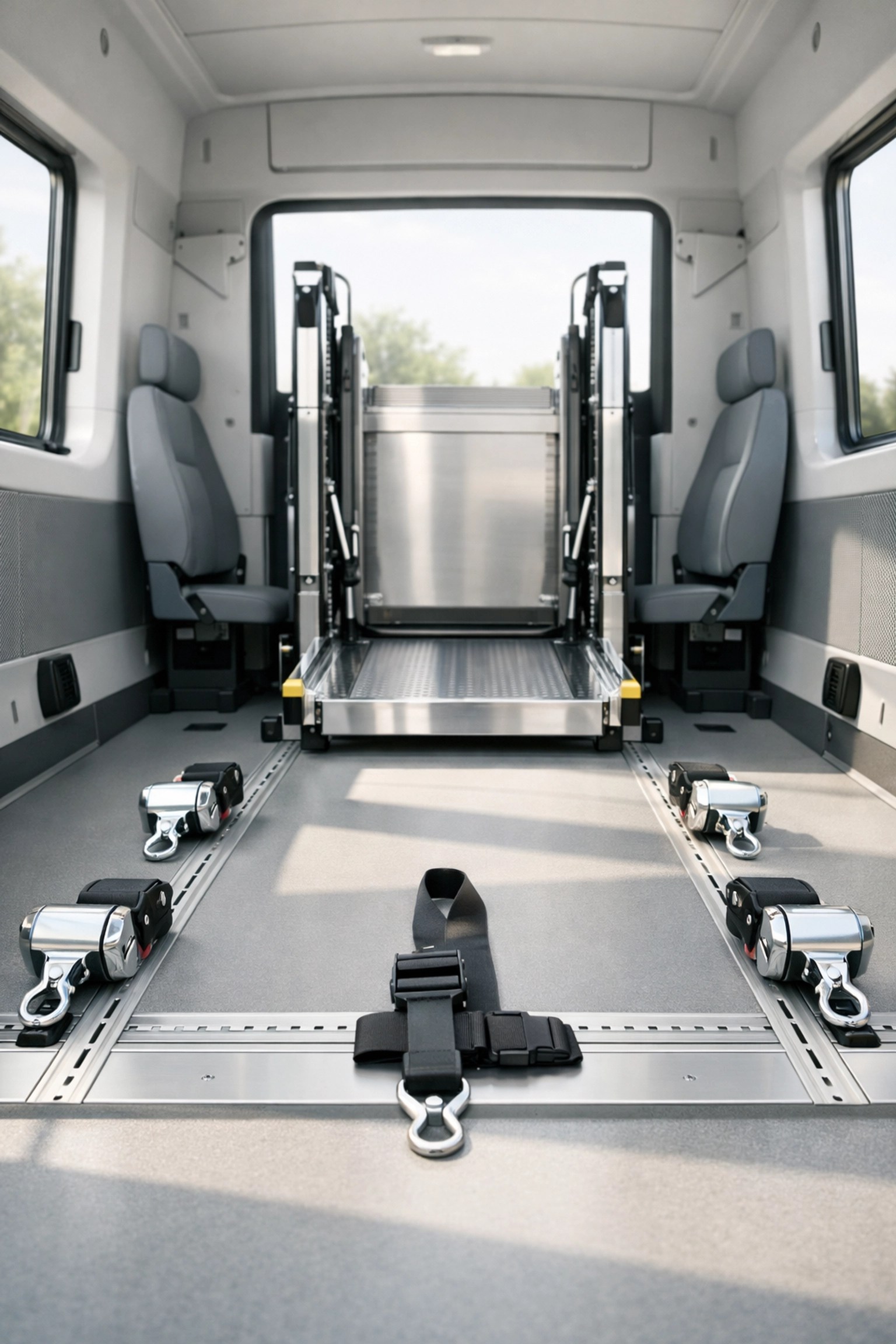 Interior of a modern wheelchair-accessible vehicle with professional medical transport equipment.