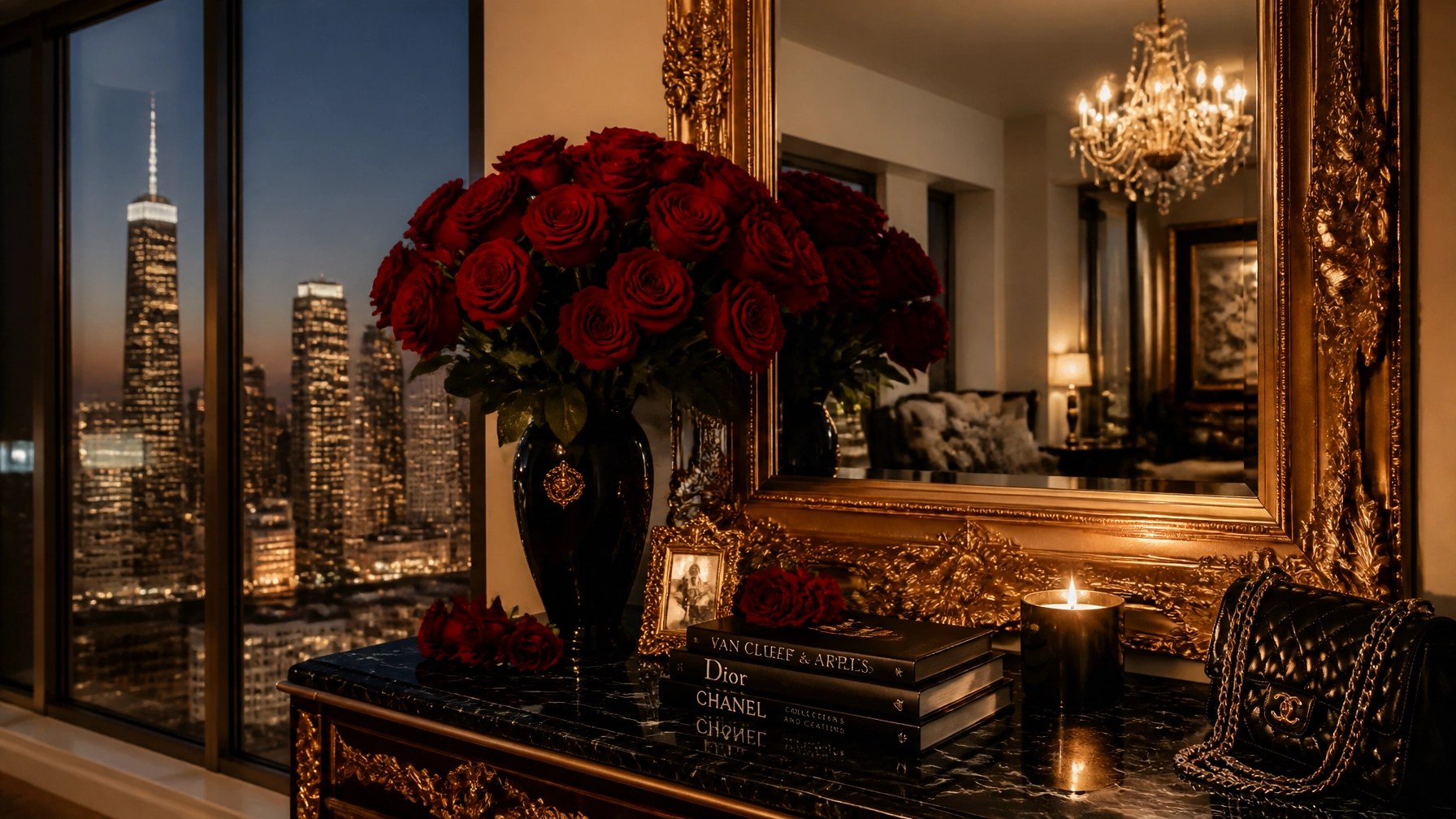 Luxury feminine energy lifestyle scene with red roses, a gold-leafed mirror, and a high-end city view for manifesting love.