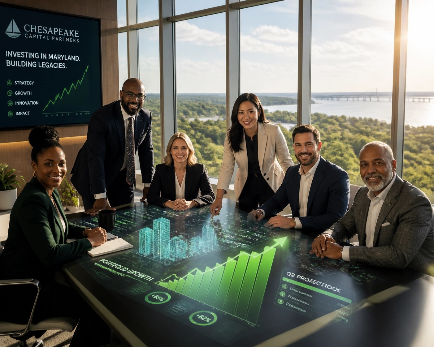 Financial experts in a modern office analyzing growth charts for a Maryland wealth makeover and tax strategy.