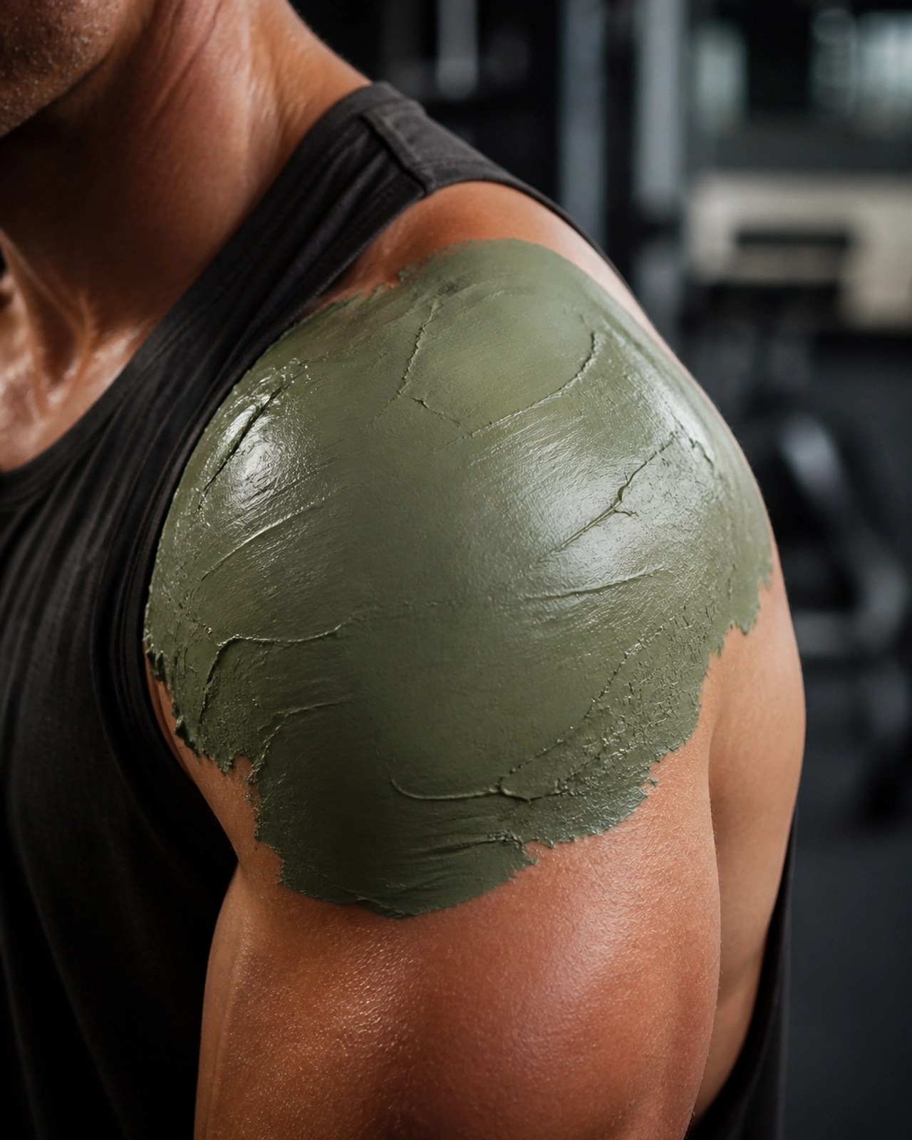 Athlete applying green clay to a muscular shoulder for recovery