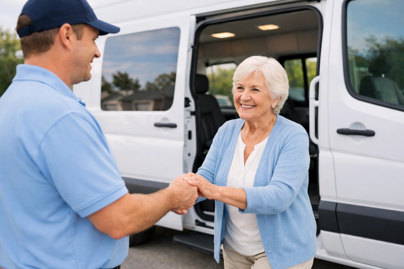 A professional driver assisting a senior passenger out of a white NEMT vehicle on a suburban street.