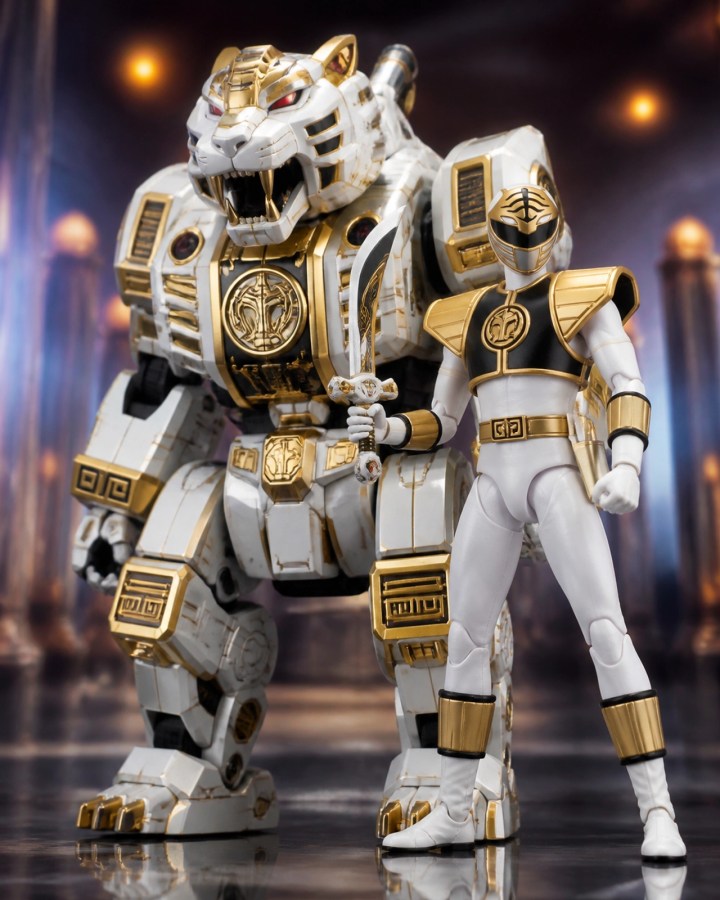 A high-detail toy photography shot of the White Ranger with his White Tigerzord and the talking saber Saba.
