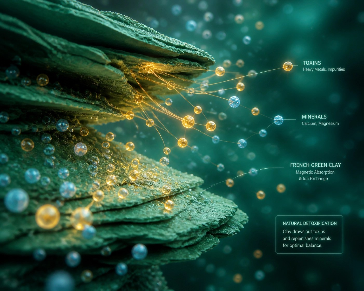 Microscopic visualization of French Green Clay minerals attracting toxins for cellular detox.