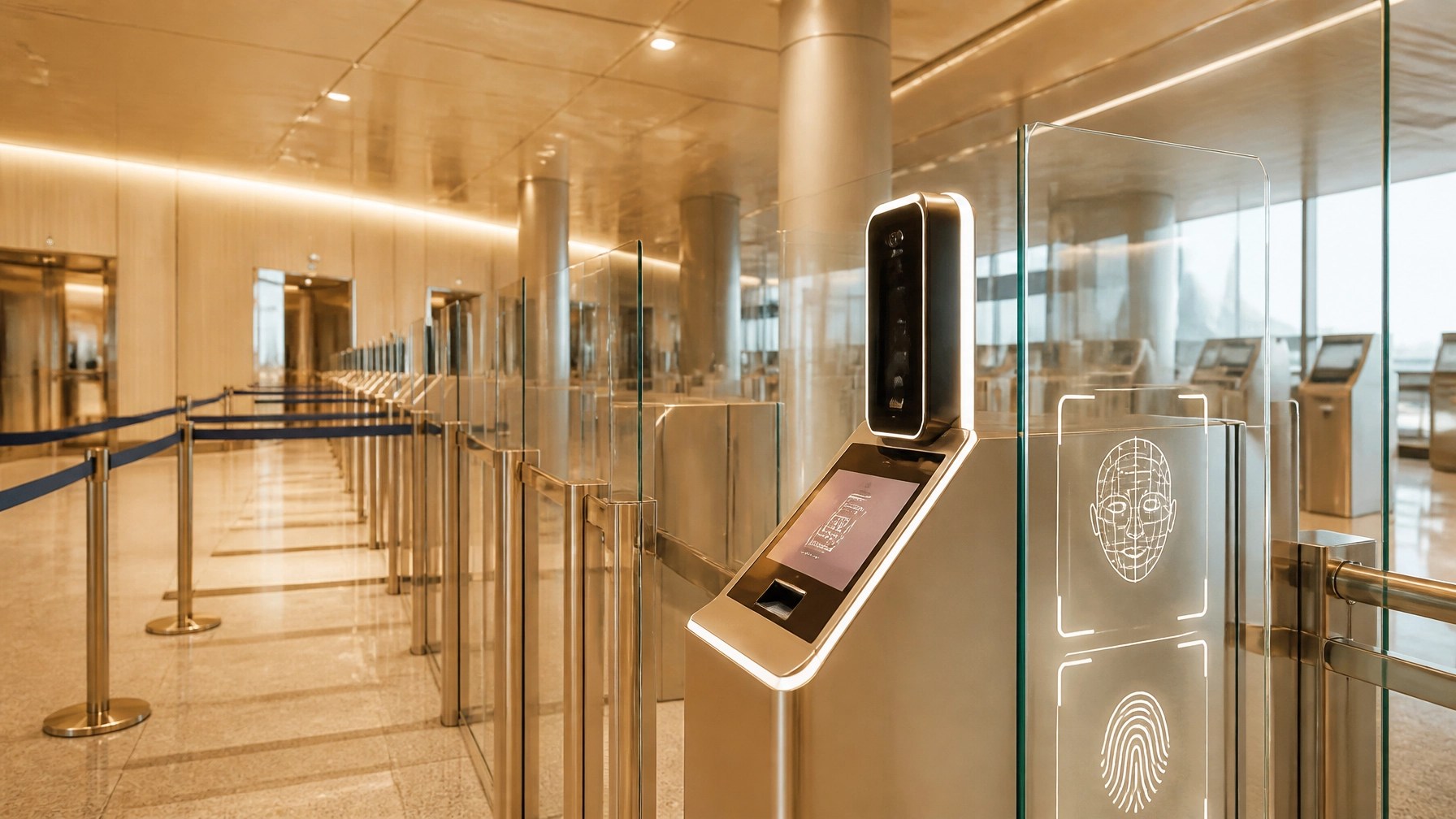 Modern empty airport border-control lane with biometric scanner and abstract fingerprint interface