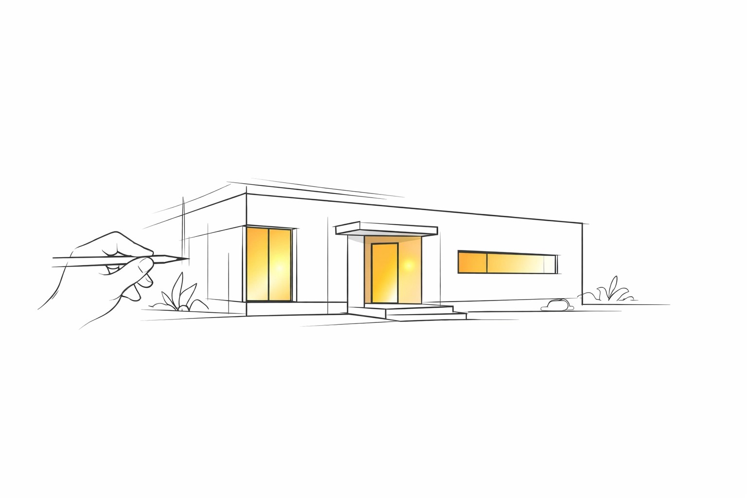 Minimalist illustration of a modern custom home at an affordable $125 per square foot price point.