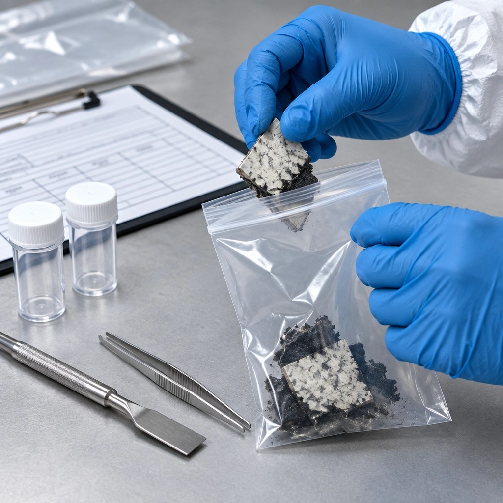 Bulk asbestos sampling materials, sample bags, vials, and field tools on a technical workbench