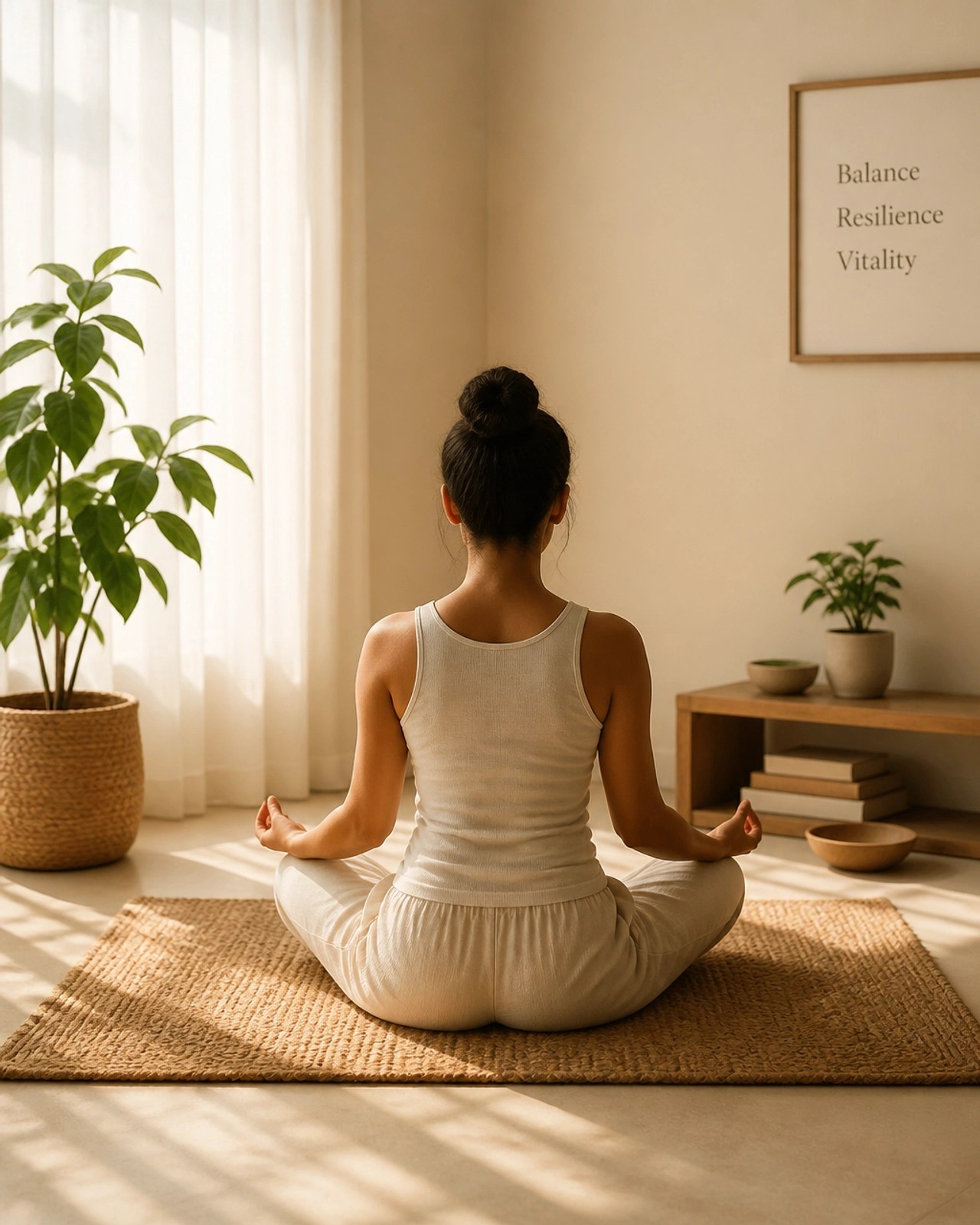 A serene individual practicing morning meditation in a soft-lit room, emphasizing the importance of quietude in an Ayurvedic routine.