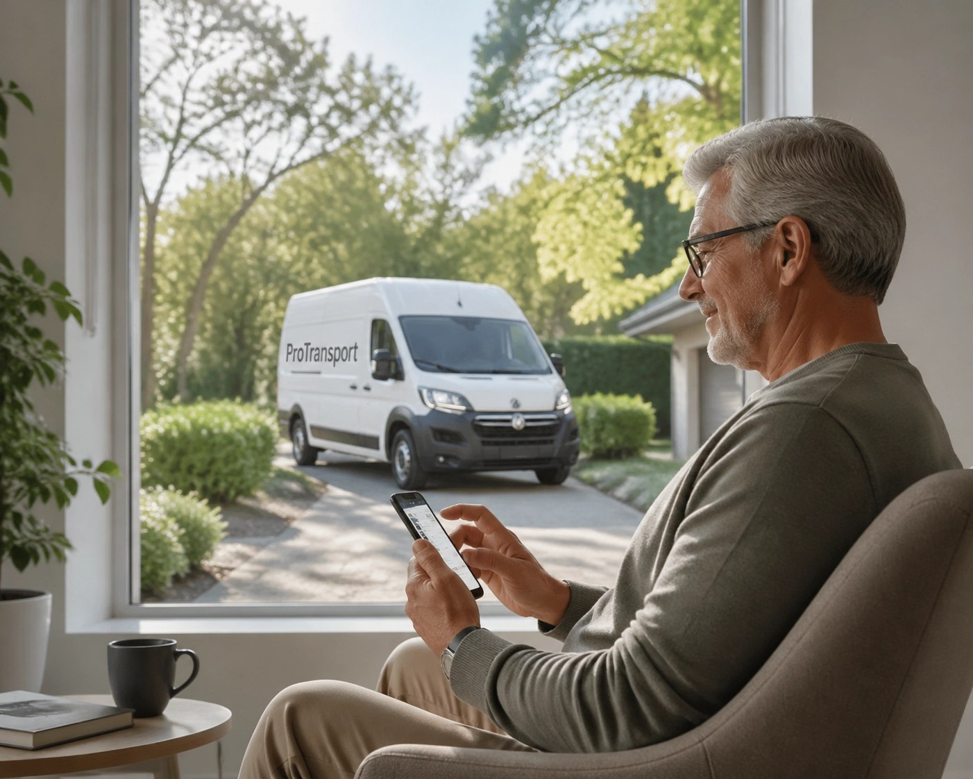 A patient tracks their medical transport vehicle arrival on a phone from a home window.