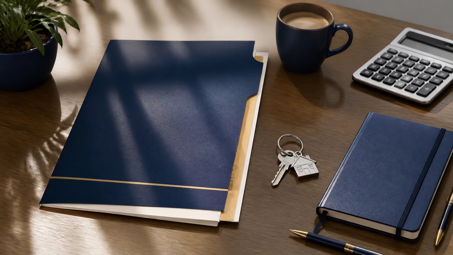 Organized homebuying desk with a VA document folder, house key, and checklist
