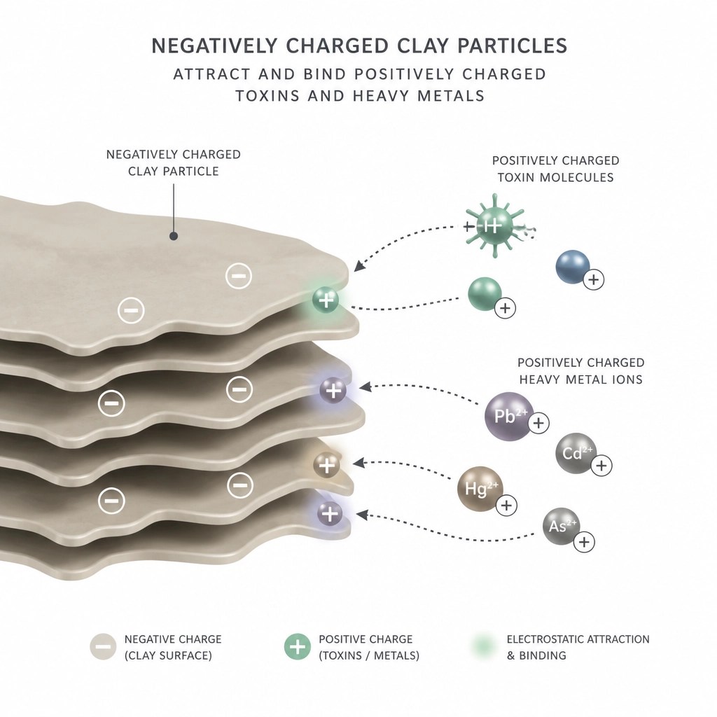 Science illustration of clay particles binding toxins