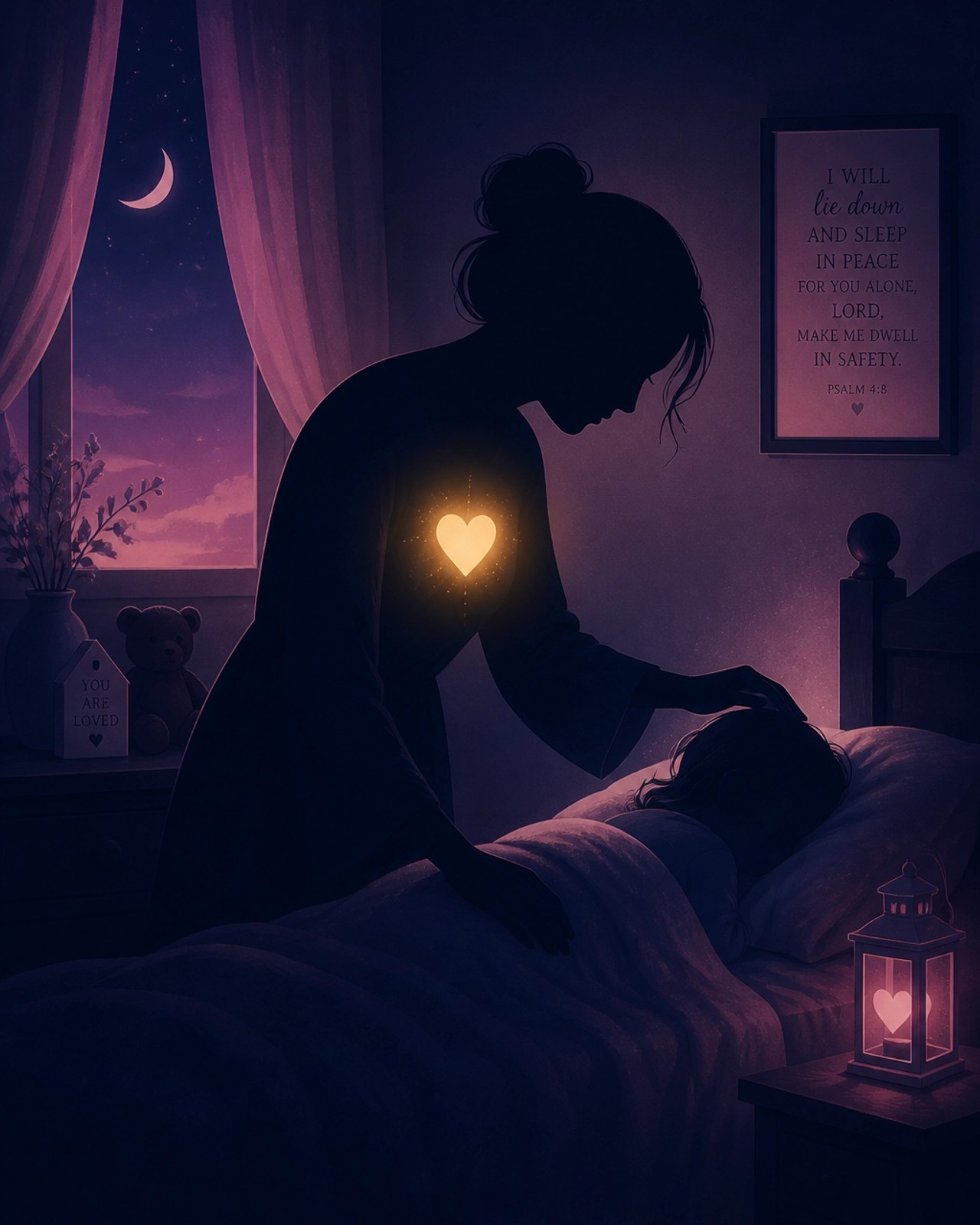 A silhouette of a mother leaning over a child's bed in a dimly lit room, symbolizing the sacred, stolen moments of prayer and connection at the end of a day.