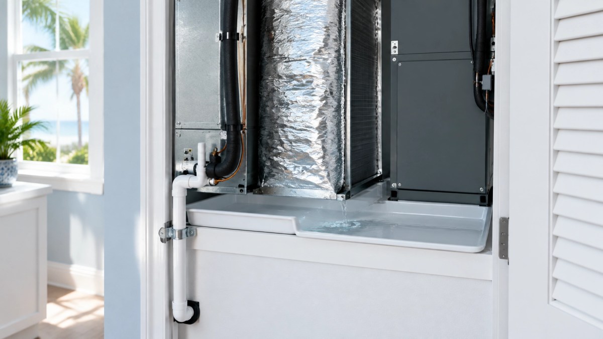 How to clean AC condensate drain lines and inspect an air handler drain pan in a Southwest Florida home