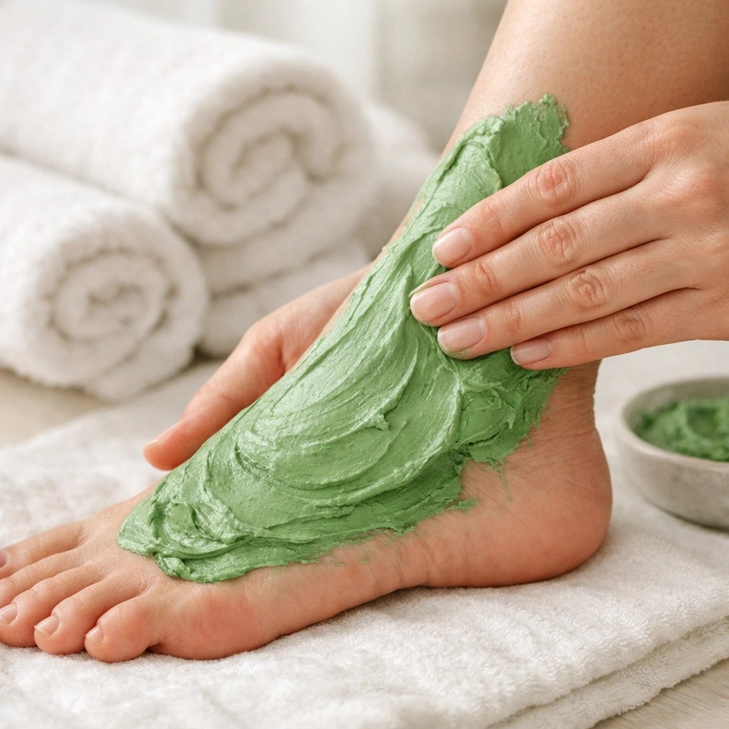 Applying a thick Clayer French green clay mask to the foot and ankle for a natural detox treatment.
