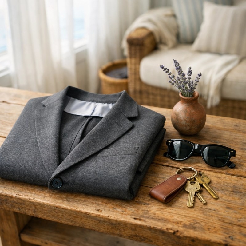 High-quality charcoal uniform blazer and room keys on a table, highlighting professional hospitality branding.