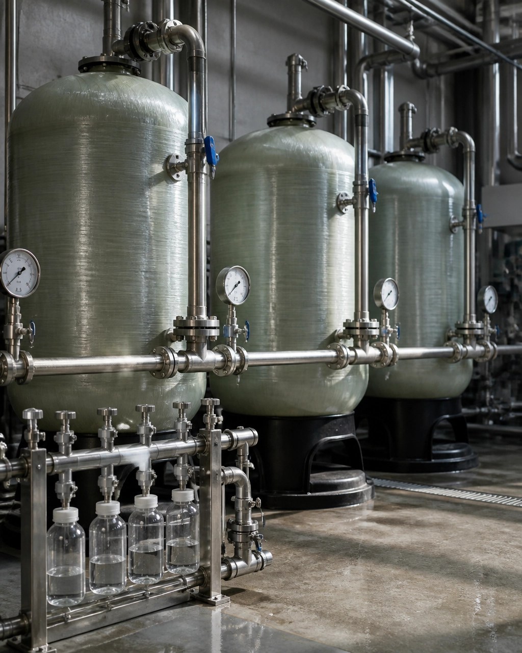 Close-up of GAC vessels and PFAS treatment piping