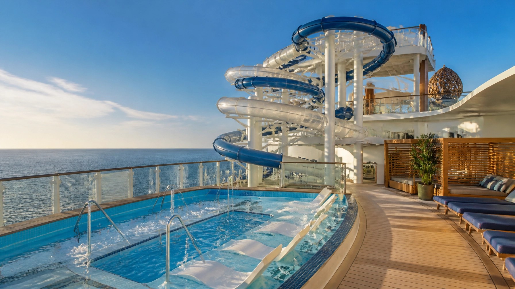 Modern cruise ship upper deck with a three-deck waterslide coaster and pool area