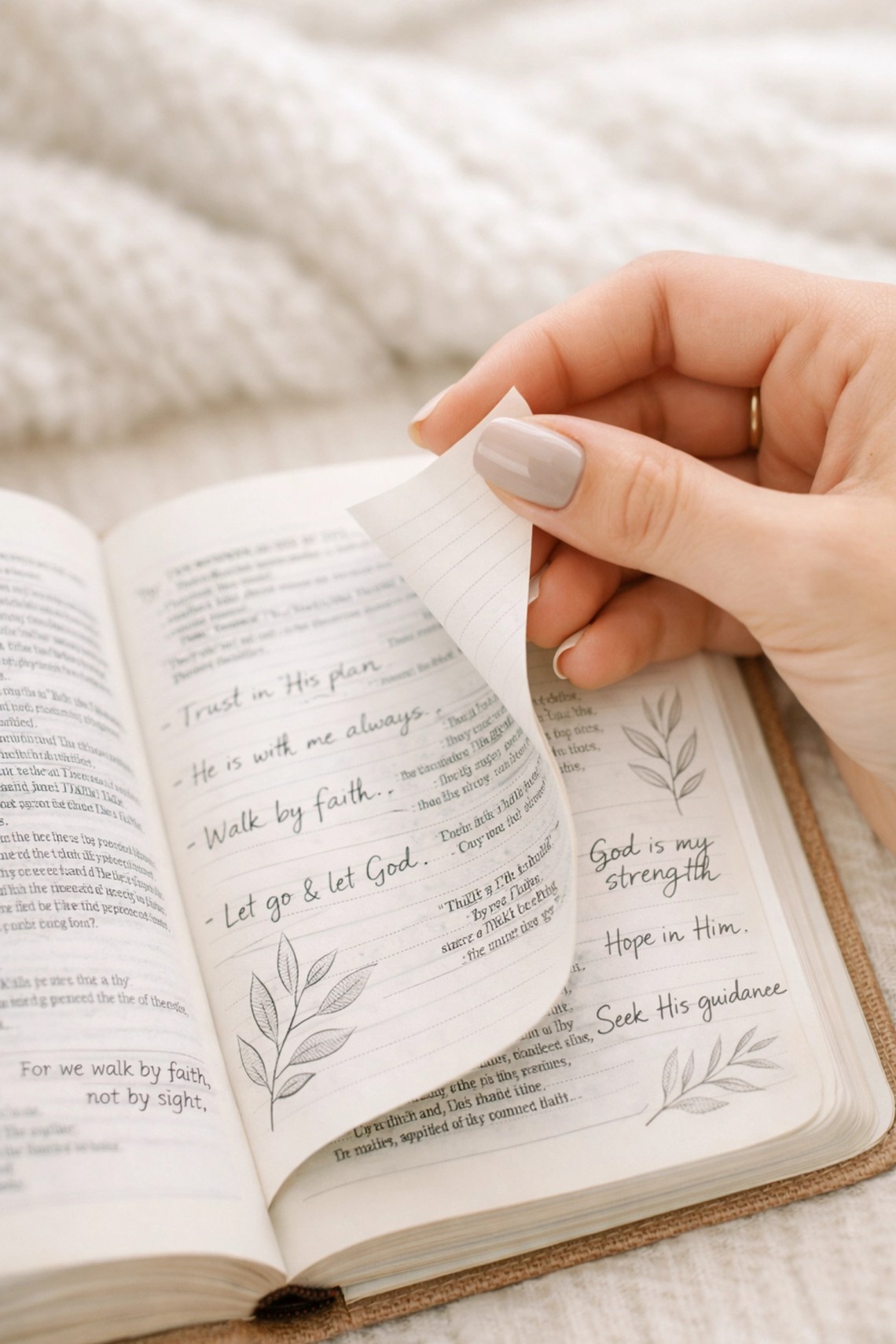 A woman's hand turning a Bible page filled with handwritten notes and creative journaling sketches.