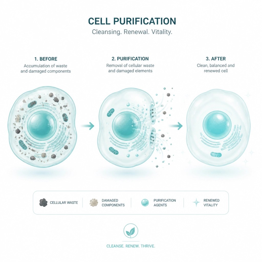 Minimalist scientific illustration of a biological cell undergoing a purification process