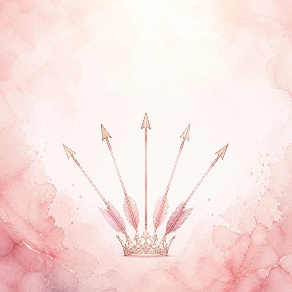 Abstract watercolor arrows fanning out with a rose-gold crown, representing the mission to equip and launch.