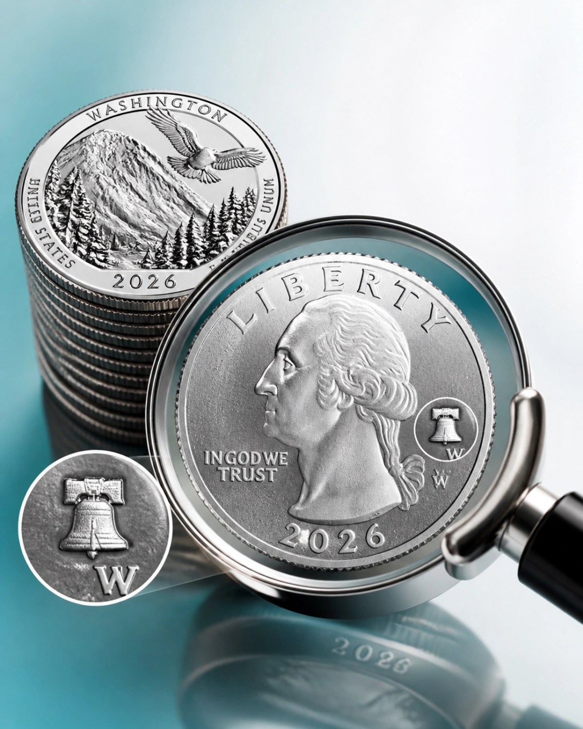 Close up of 2026 commemorative quarters and numismatic loupe