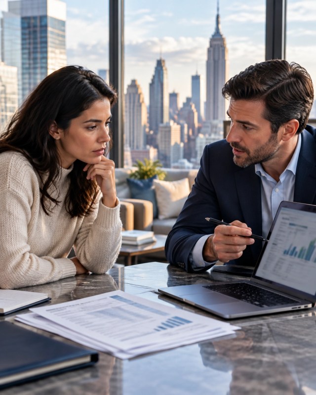 Manhattan apartment buyer and real estate professional reviewing financing documents