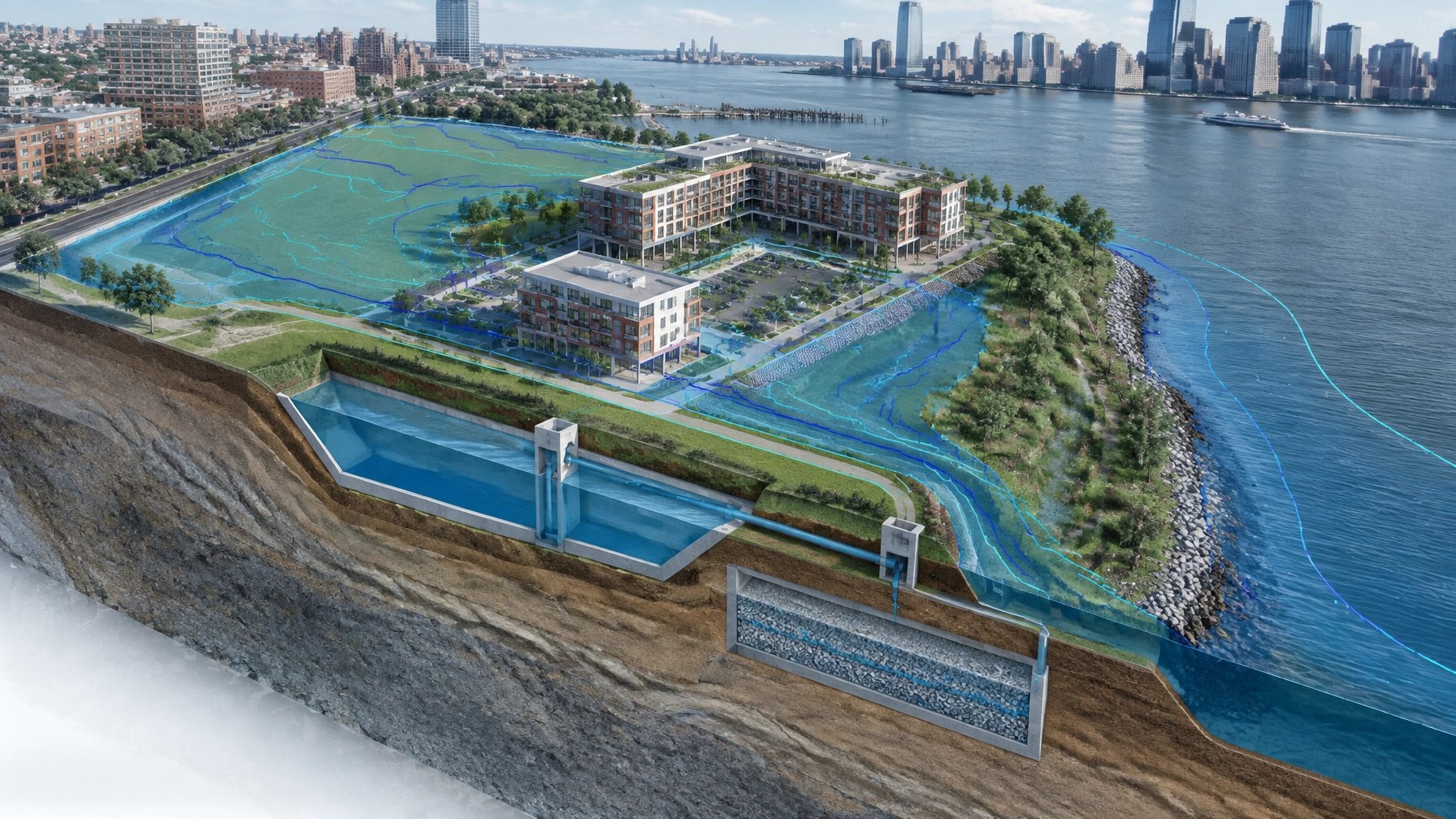 Technical cutaway visualization of NJDEP climate-adjusted flood elevation, flood storage, and resilient site design