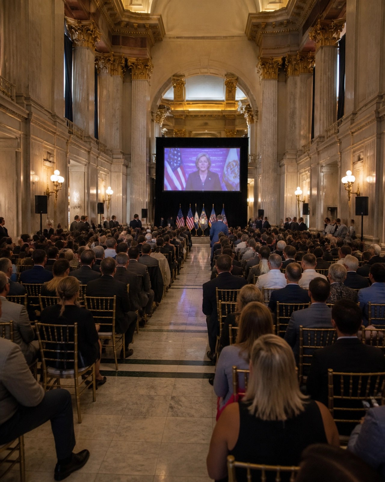 A large ceremony moved indoors to a grand hall to escape the 106-degree heat