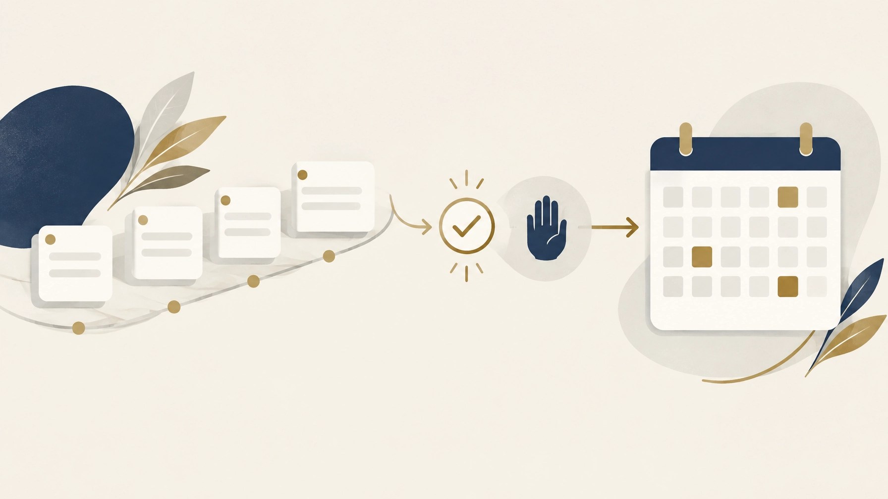 Minimalist workflow illustration showing an organized task queue and a human review checkpoint