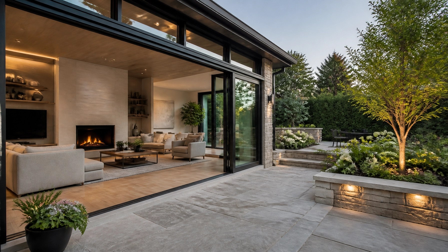 An architectural shot of a modern house addition featuring a seamless transition from the indoor living room to an outdoor stone patio. Large glass sliding doors are open.