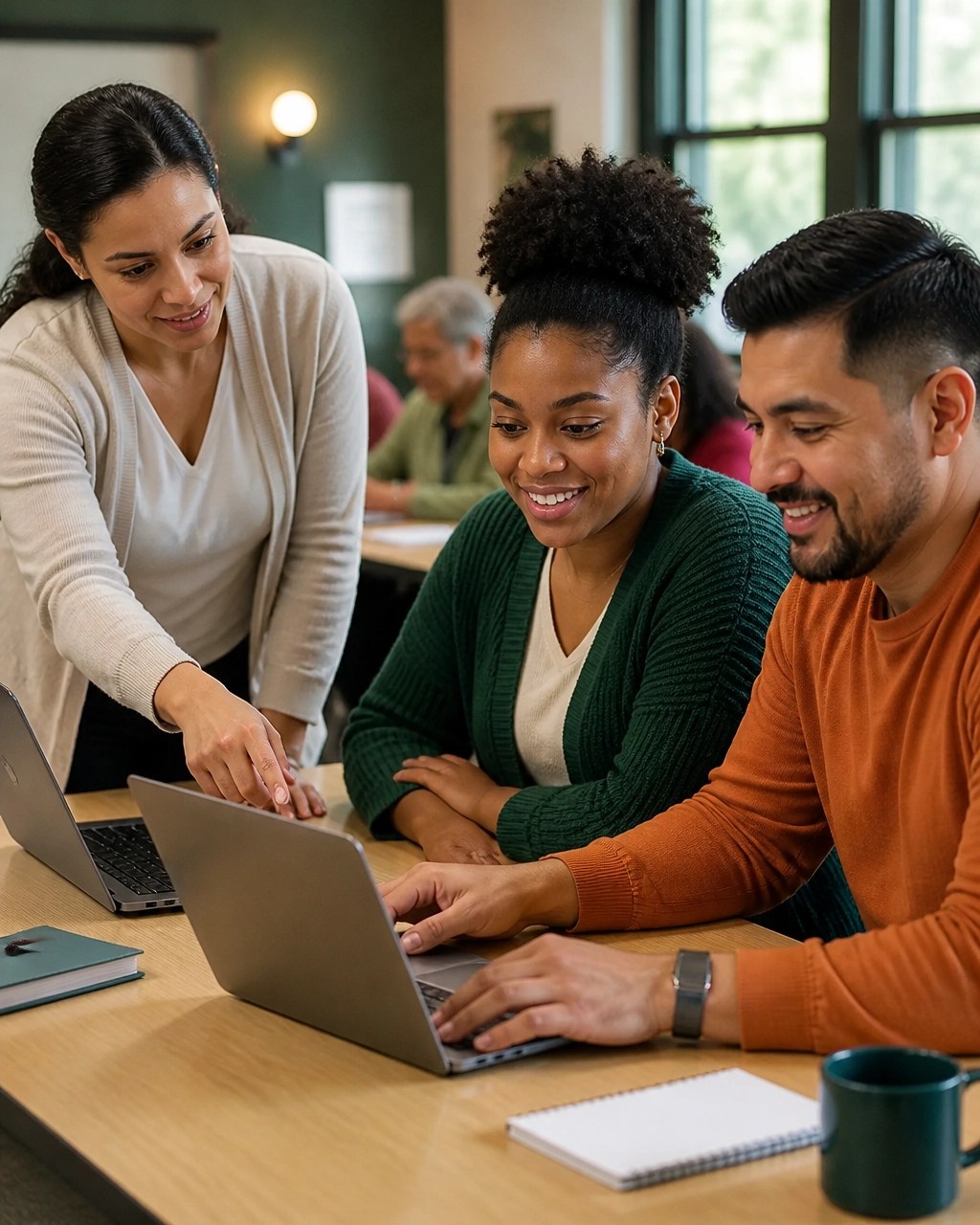 Adult learners practicing clear instructions with AI tools in a community classroom