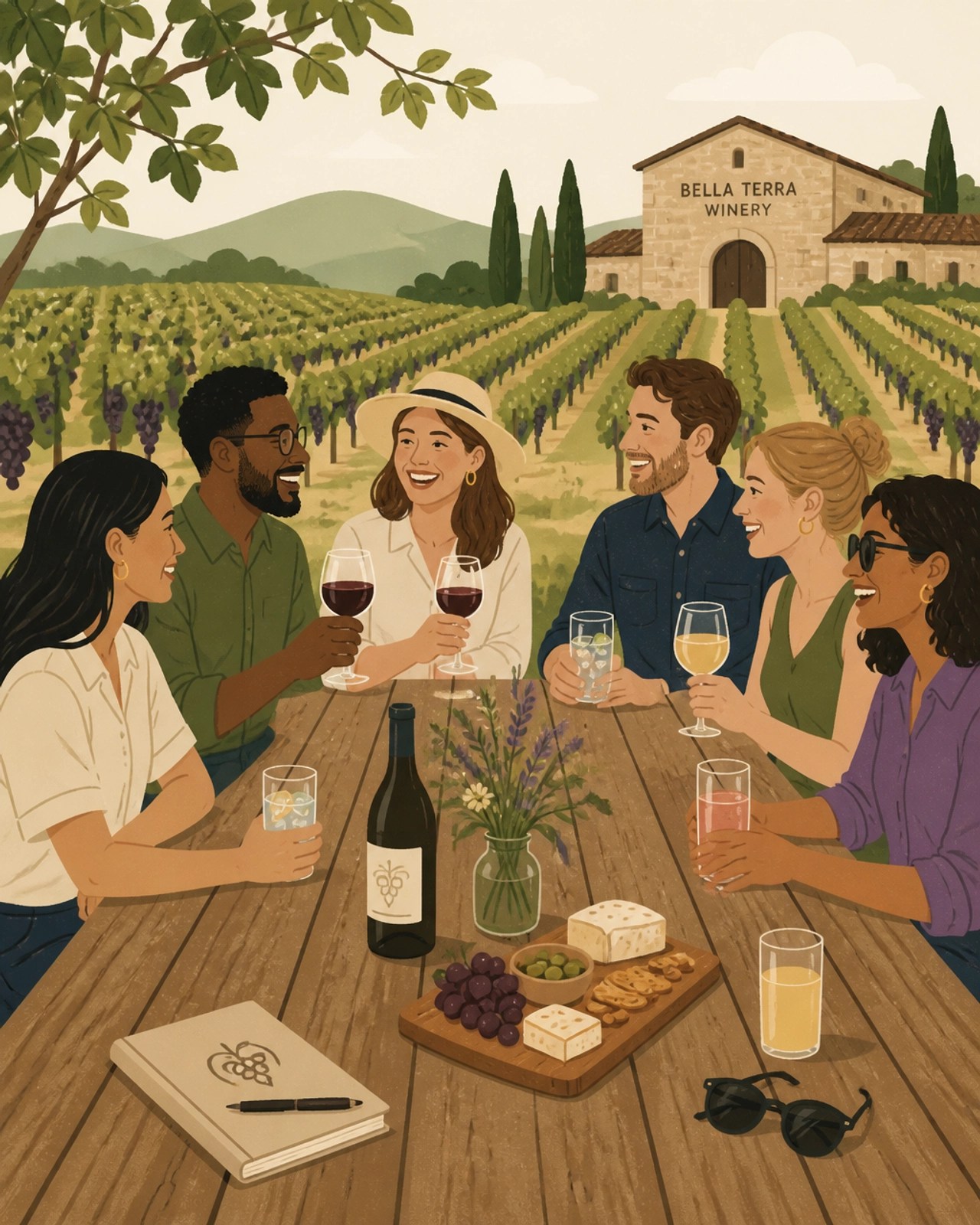 A minimalist flat illustration of a diverse group of professional colleagues sitting around a rustic outdoor wooden table at a vineyard, some with wine and some with non-alcoholic drinks.
