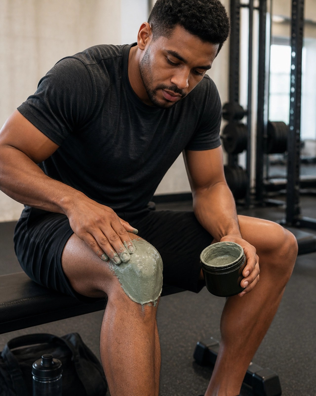 An athlete applying a thick green clay poultice to their sore knee