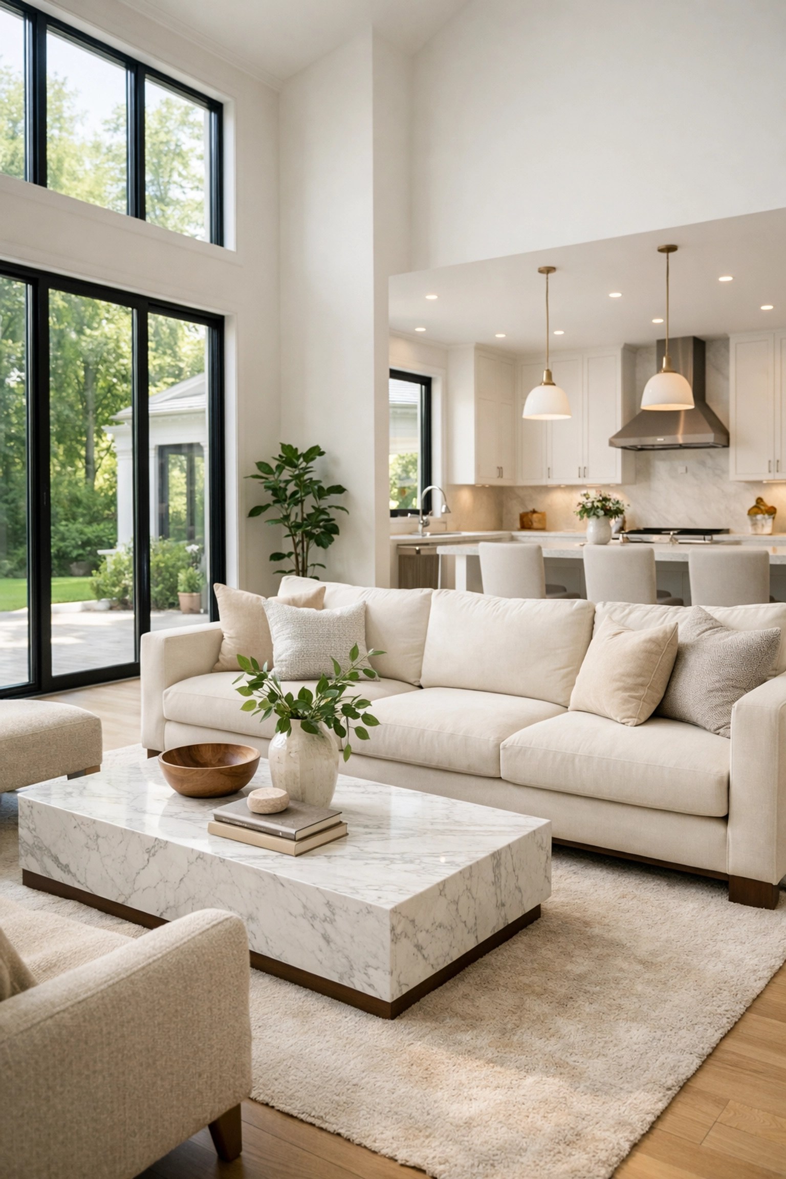 Modern open-concept living room in a renovated home, representing prime real estate for relocating professionals.