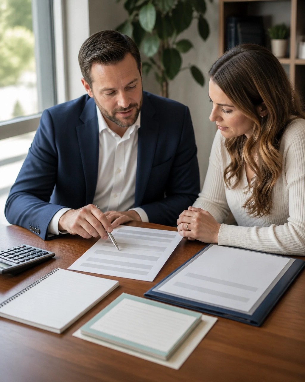 Mortgage advisor and borrower comparing rate factors, credit information, and down payment notes