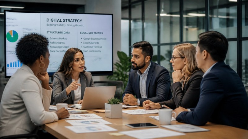 Diverse business professionals collaborating around a conference table on digital strategy, structured data, and local SEO tactics