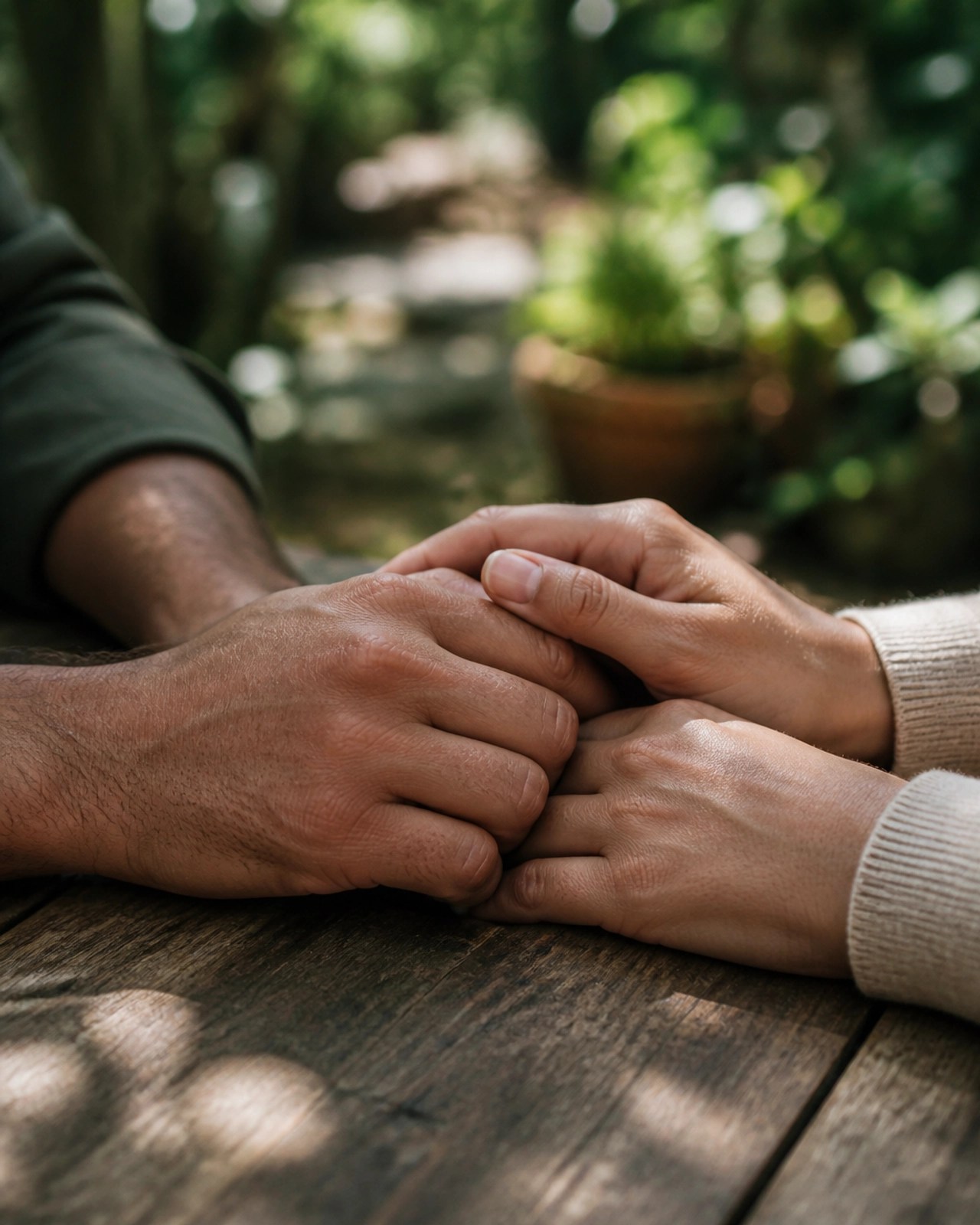 A close-up of hands resting near each other on a rustic wooden table, symbolizing the simple power of human touch and supportive presence.