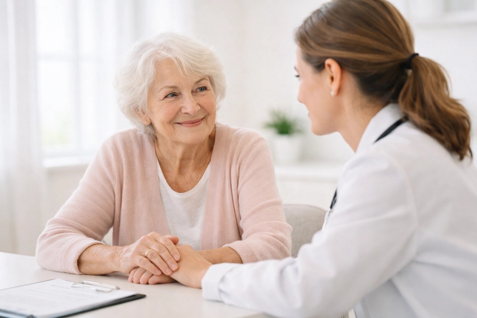 An elderly patient receiving specialized medical care from a doctor in a modern clinic.