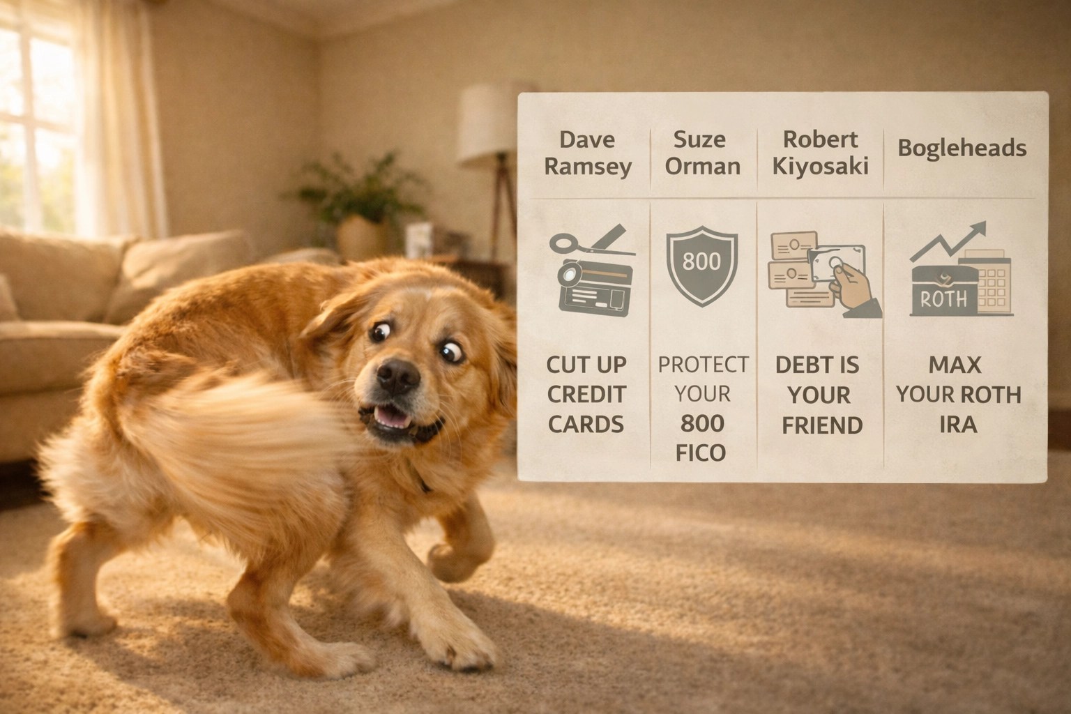 Dog chasing tail representing confusion from conflicting financial advice and a side-by-side infographic comparing popular money gurus