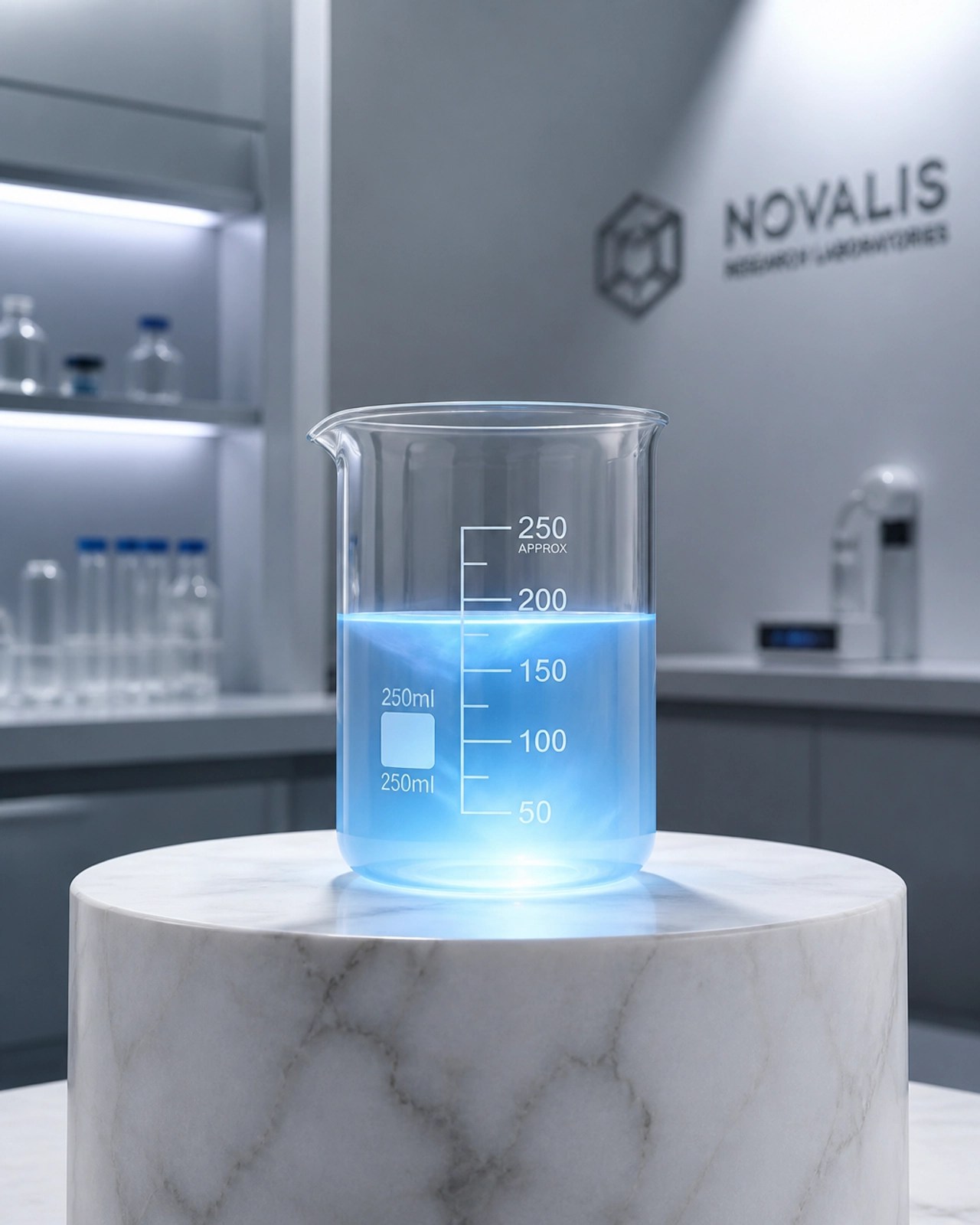 A minimalistic and premium glass laboratory beaker with a glowing liquid inside