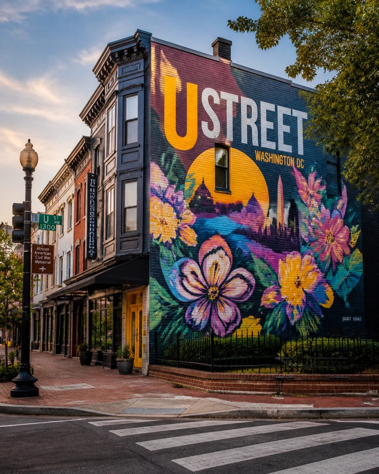 A vibrant neighborhood scene featuring artistic murals and historic architecture on U Street.
