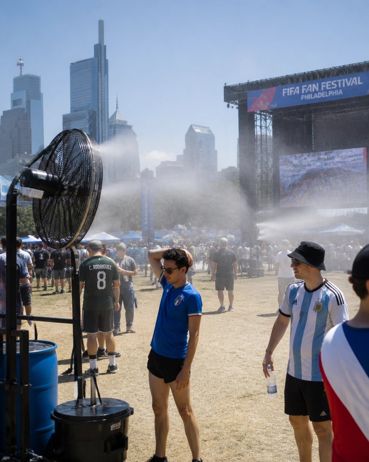 Misting fans cooling a crowd at the FIFA Fan Festival in Philadelphia