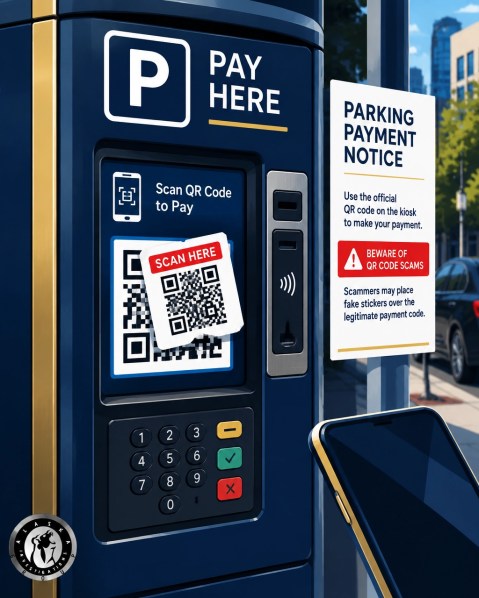 Editorial illustration of a parking kiosk with a suspicious QR sticker layered over a legitimate payment code