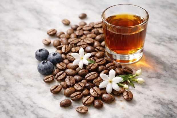 Ethiopia Yirgacheffe coffee beans with cold brew, jasmine flowers, and blueberries