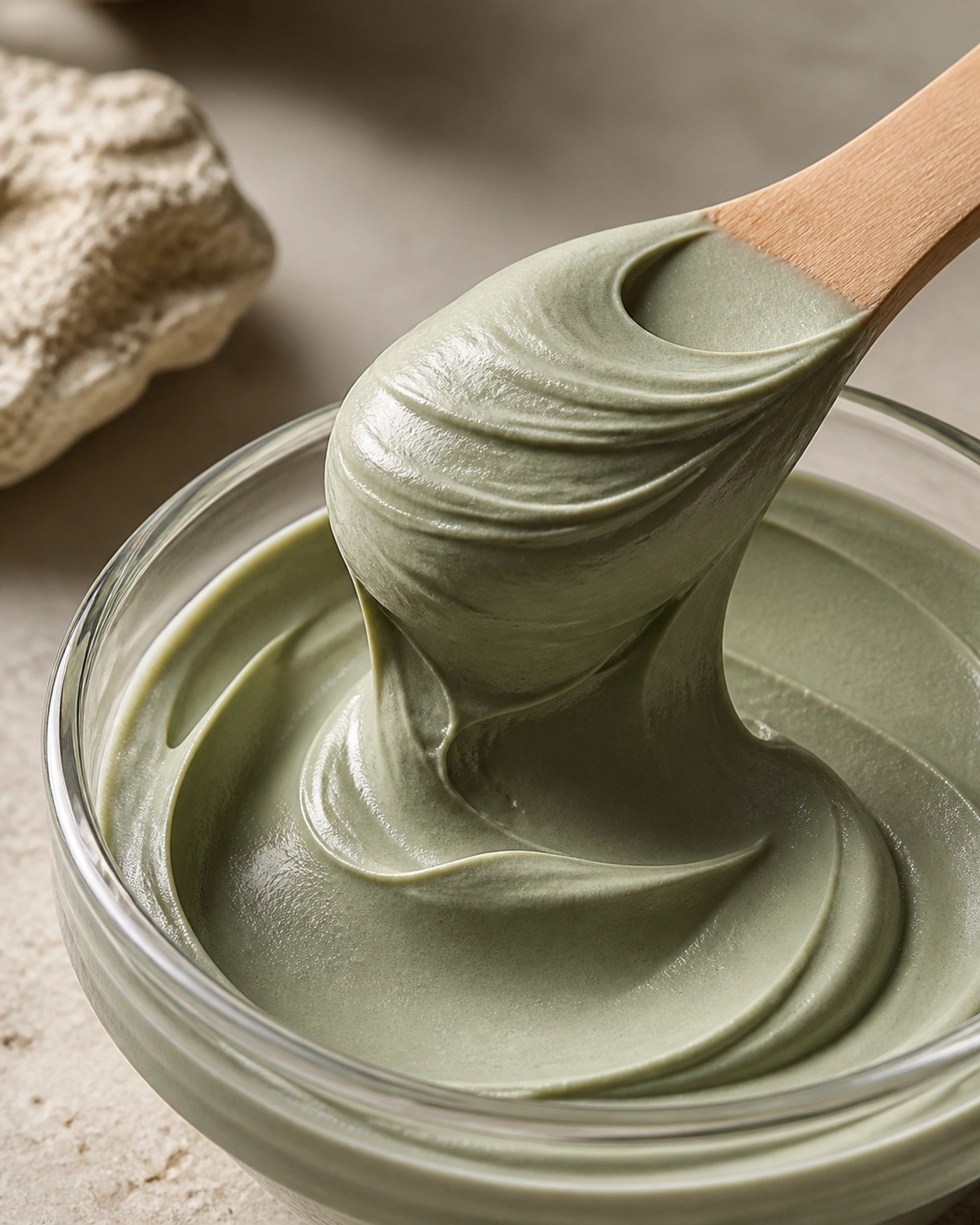 Macro view of high-quality French green clay with a rich mineral texture for effective detox protocols.